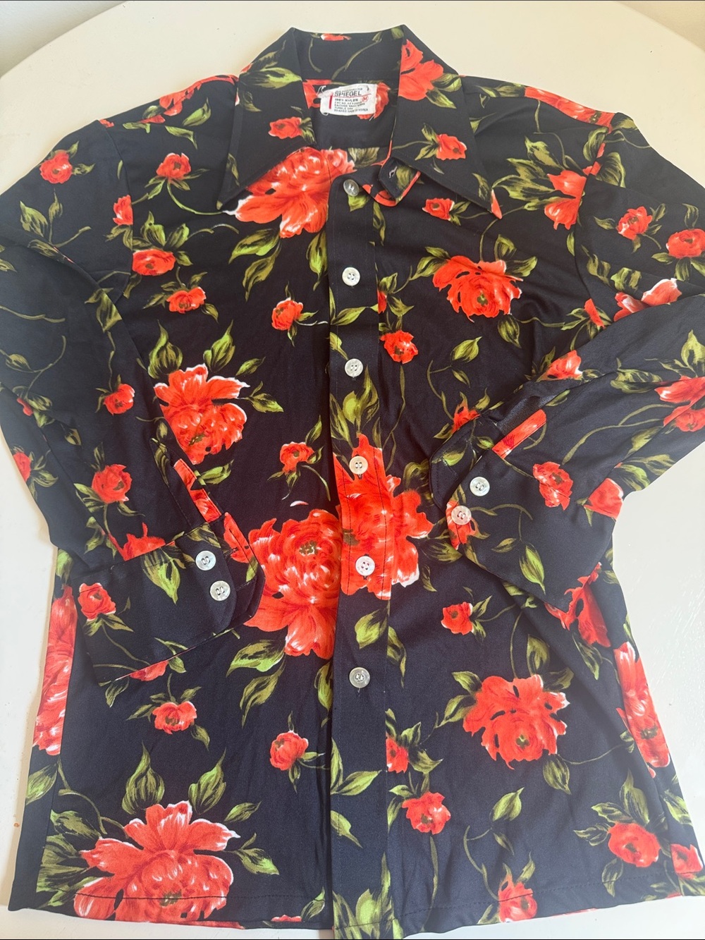 Vintage Spiegel 1970s Black Button-Down Shirt with Red Floral Print